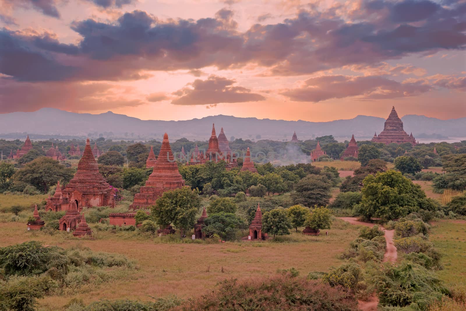 Ancient pagodas in the countryside from Bagan in Myanmar

