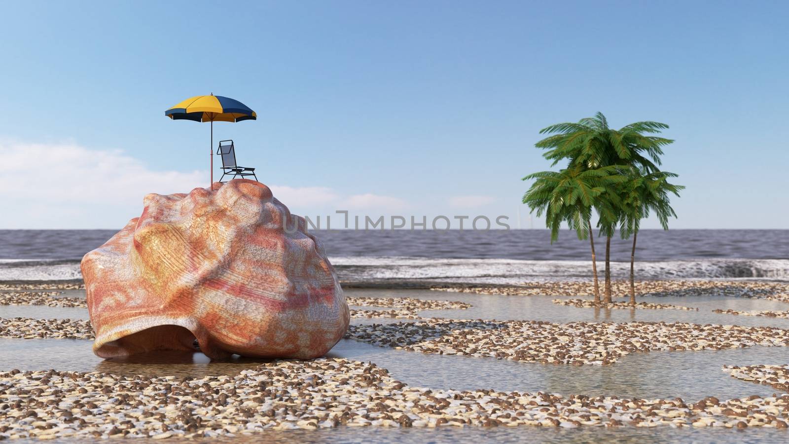relaxing vacation concept background with seashell,umbrella and beach accessories 3d illustration by denisgo