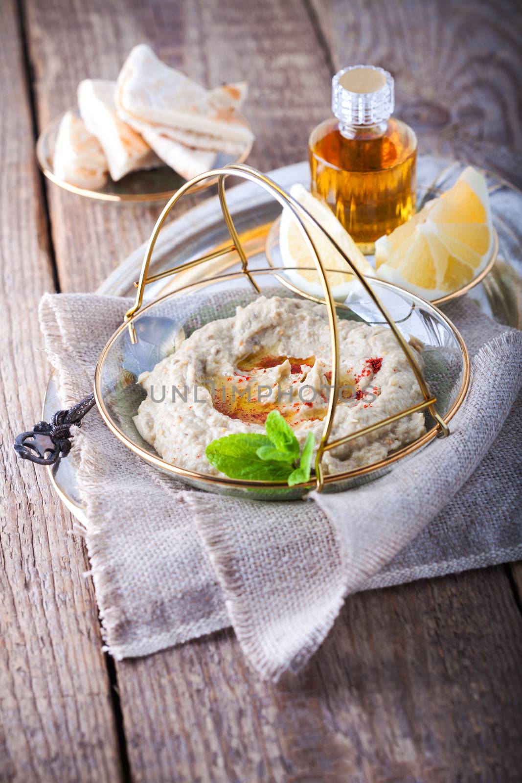 Baba ghanoush, eggplant dip mediterranean food on the napkin