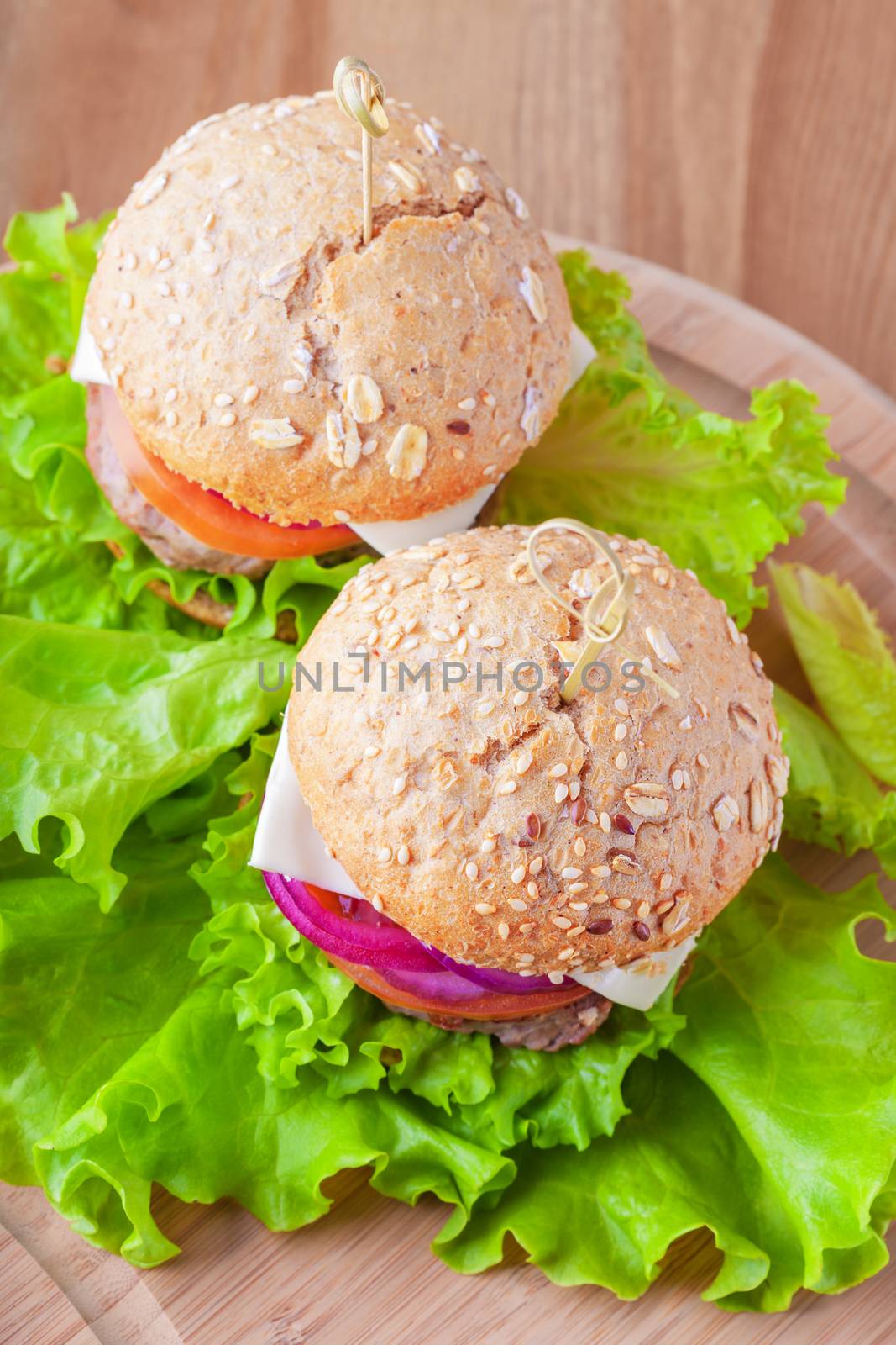 Cheeseburger with tomato, onion and green salad.