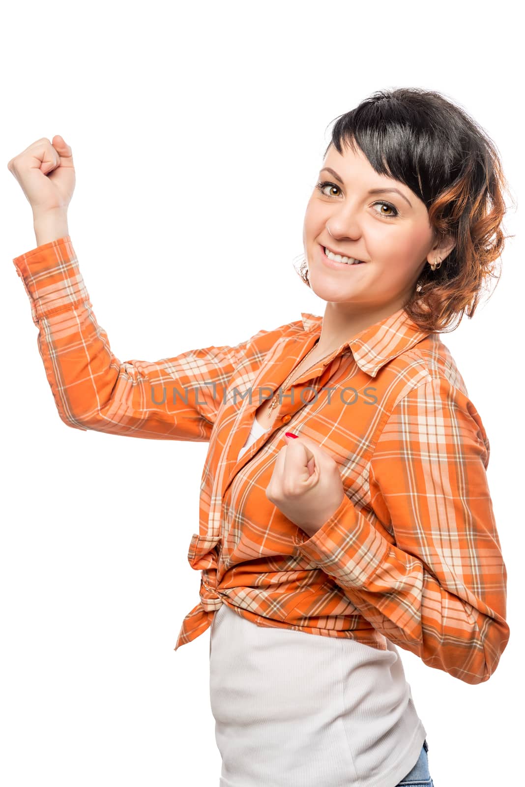 successful young woman showing a gesture with hands on a white background