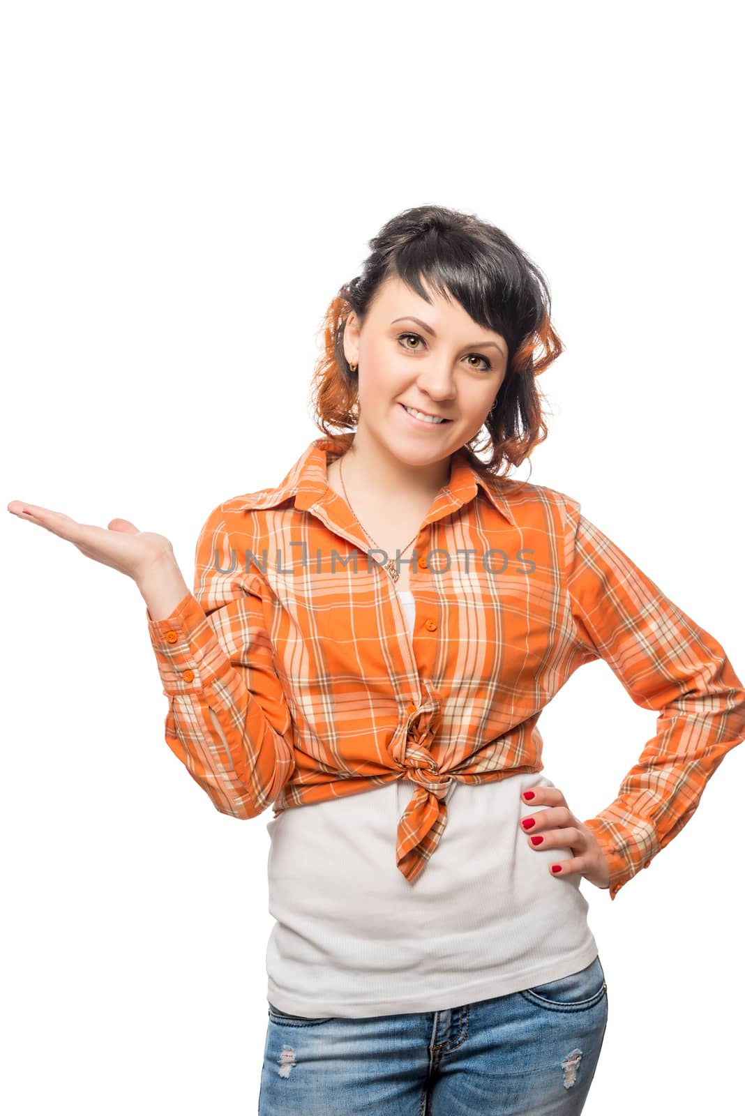 beautiful slim girl holding something in his hand on a white background