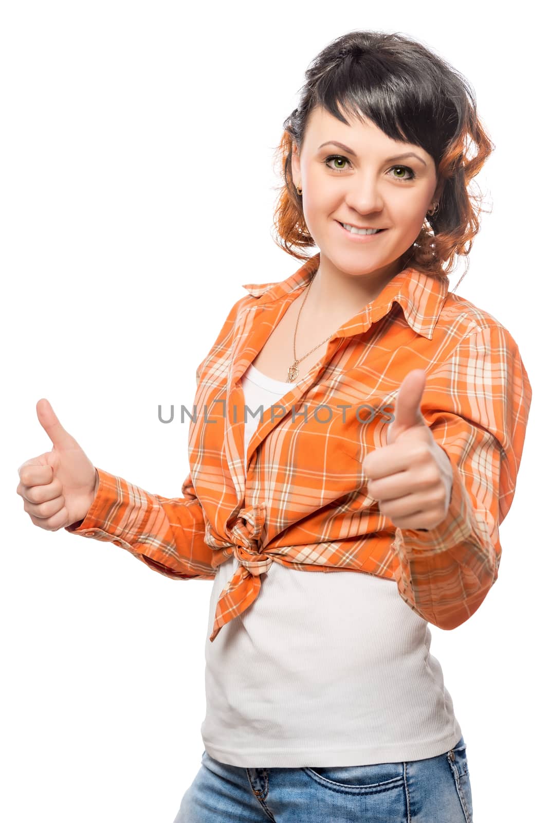 Successful confident woman posing on a white background in studio