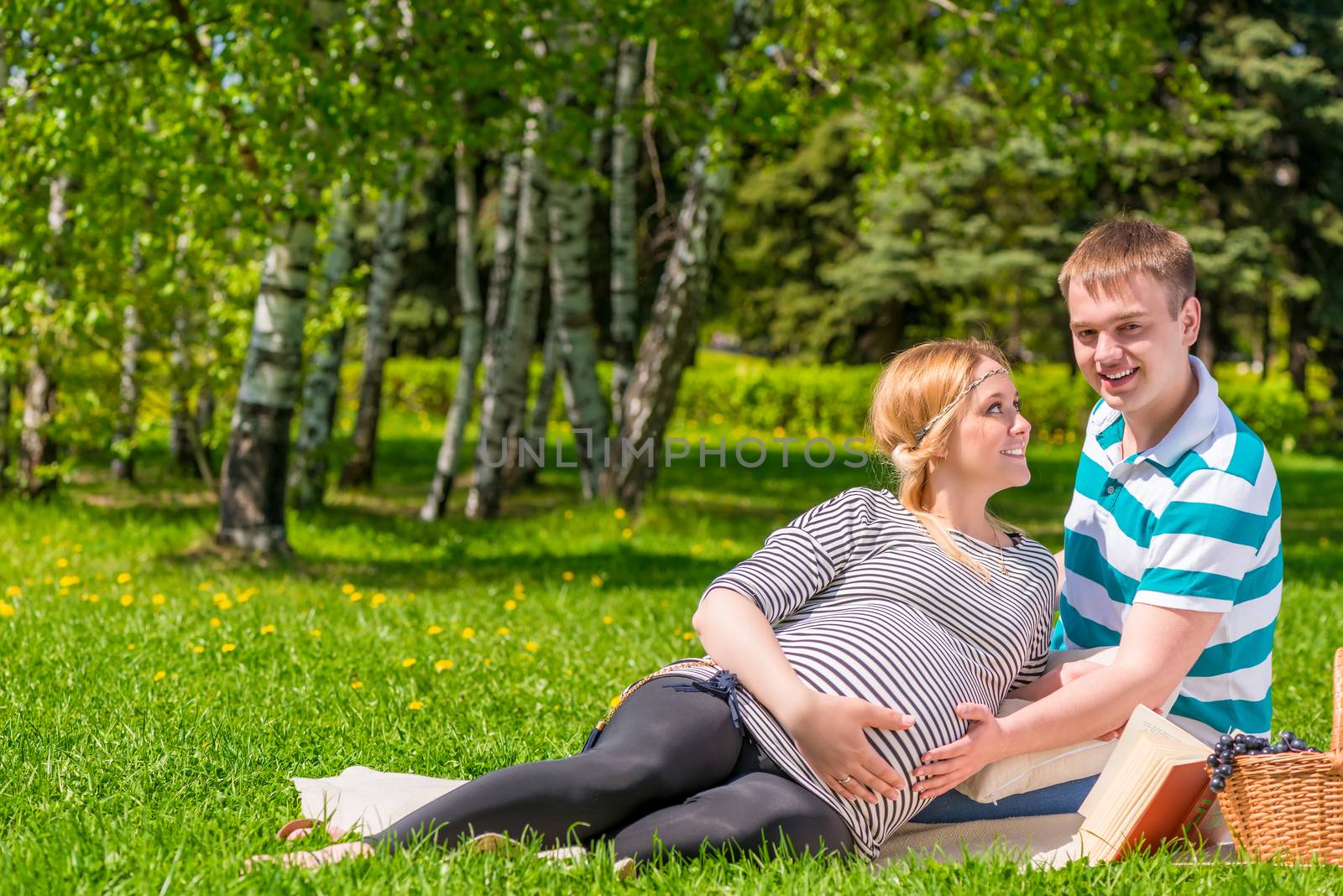 pregnant woman with her husband are located on the plaid in the summer park