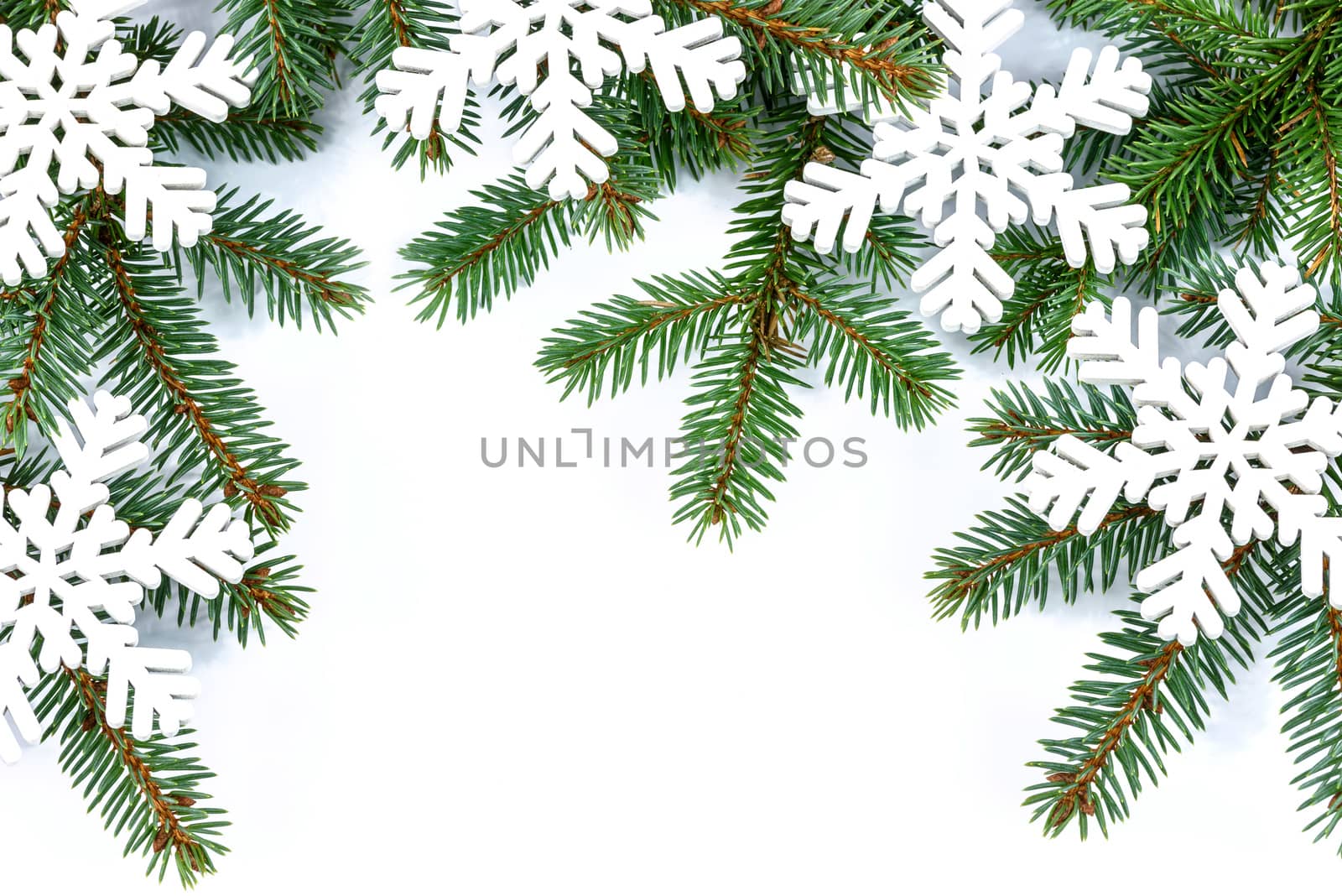 Overhead shot on branches of Siberian spruce and snowflakes isolated on a white background