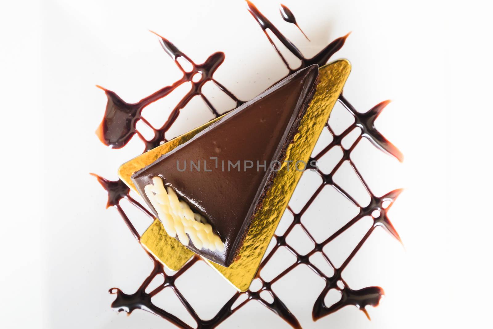 top view piece of chocolate cake on white dish by luckyfim