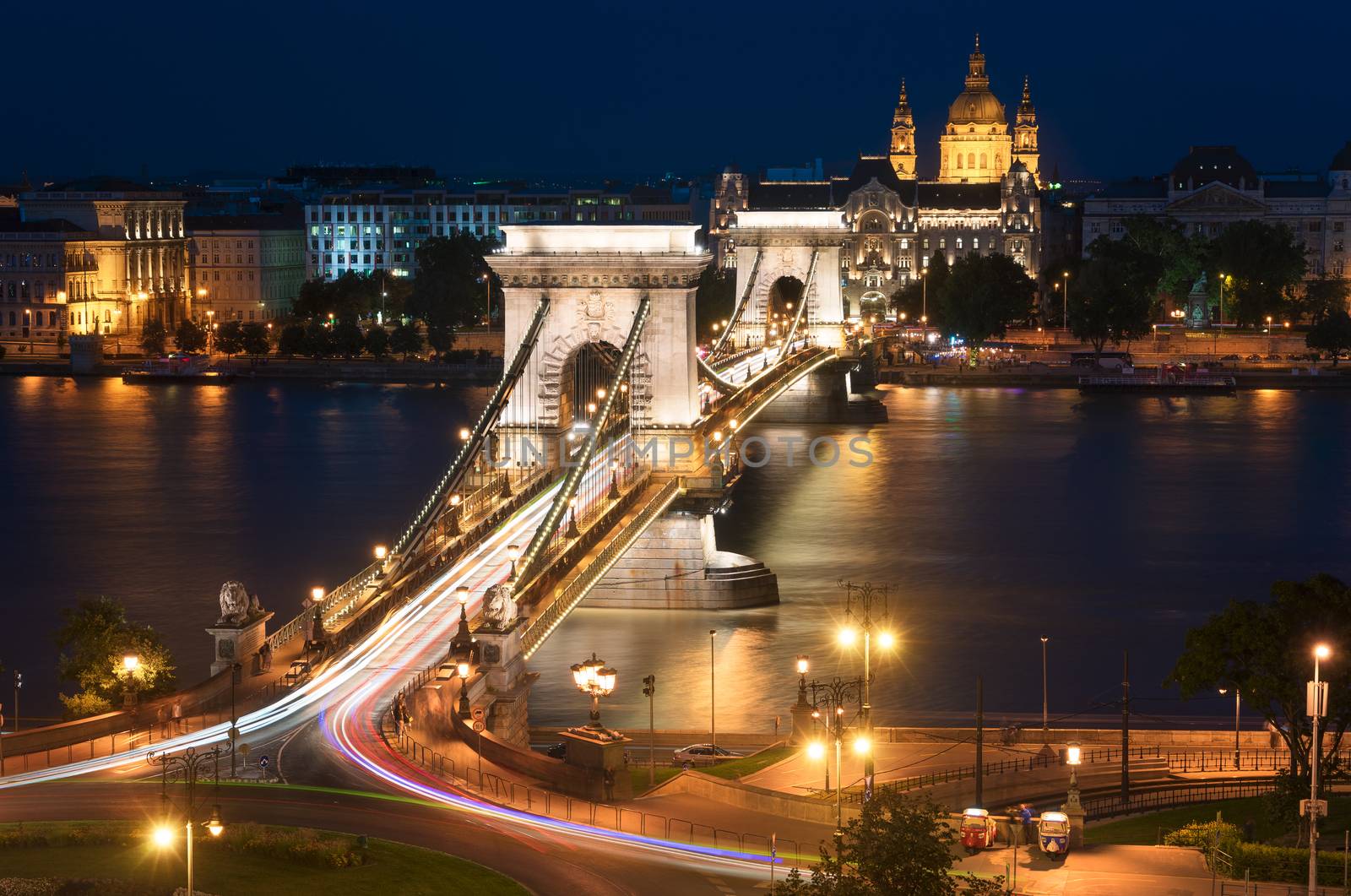 Szechenyi Bridge is connects Buda to Pest on the Danube river.