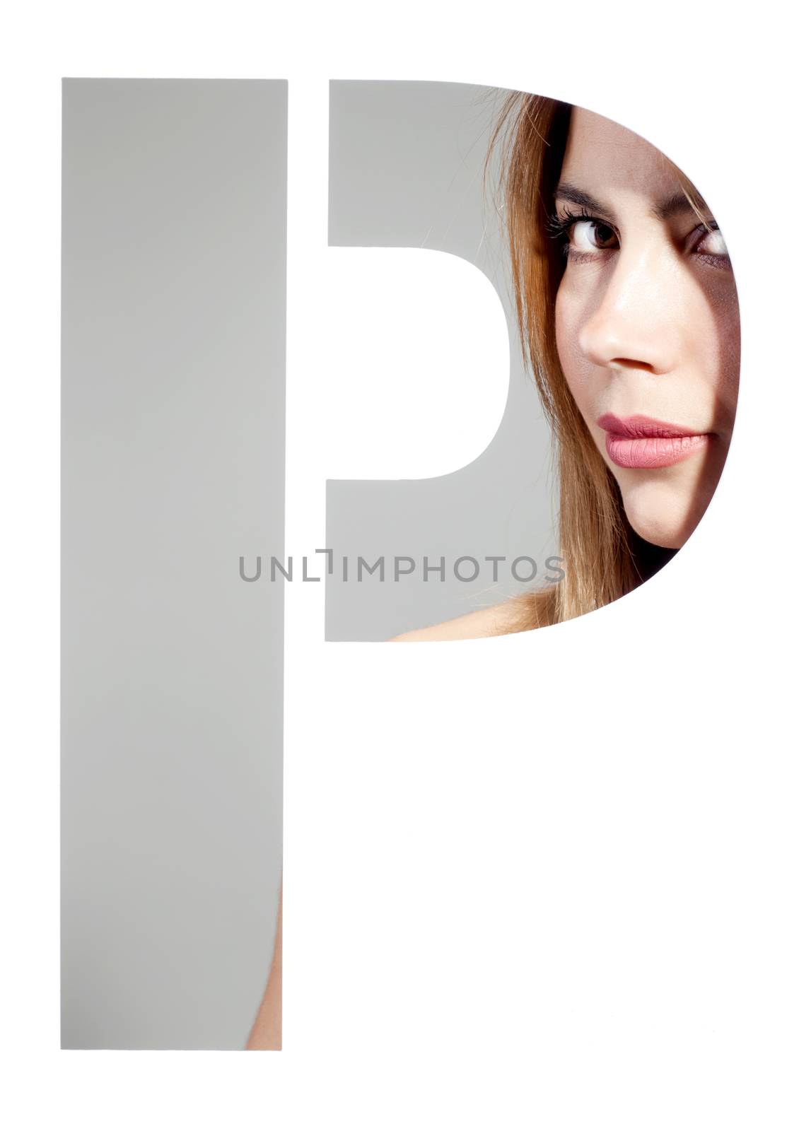 girl portrait behind the letter "P"