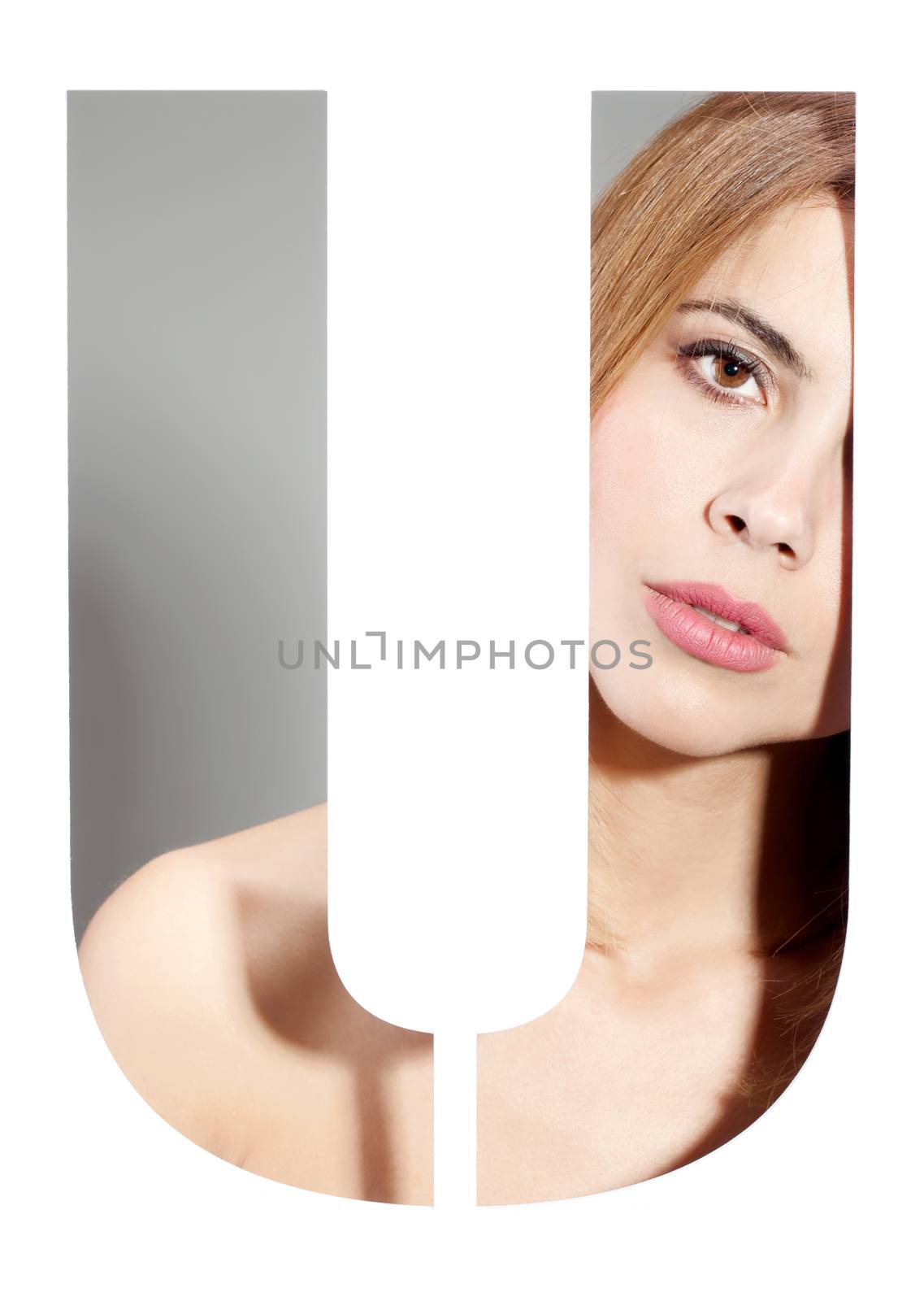 girl portrait behind the letter "U"