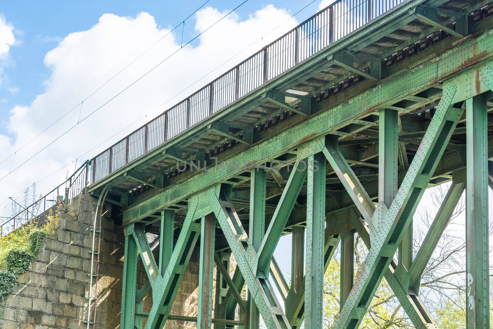 Railway bridge of steel for pedestrians and cyclists on the Ruhr in Essen Kupferdreh.