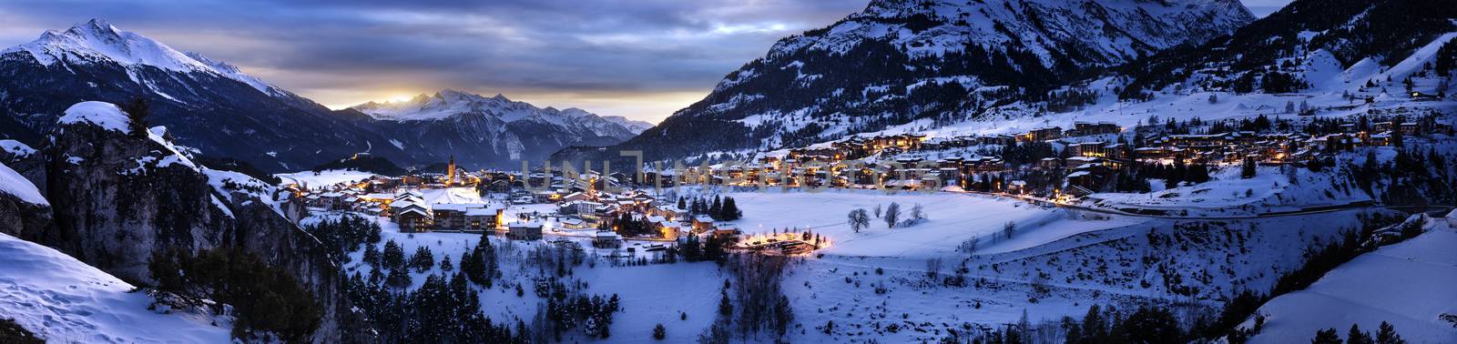 View of Aussois su Arc village by night, France