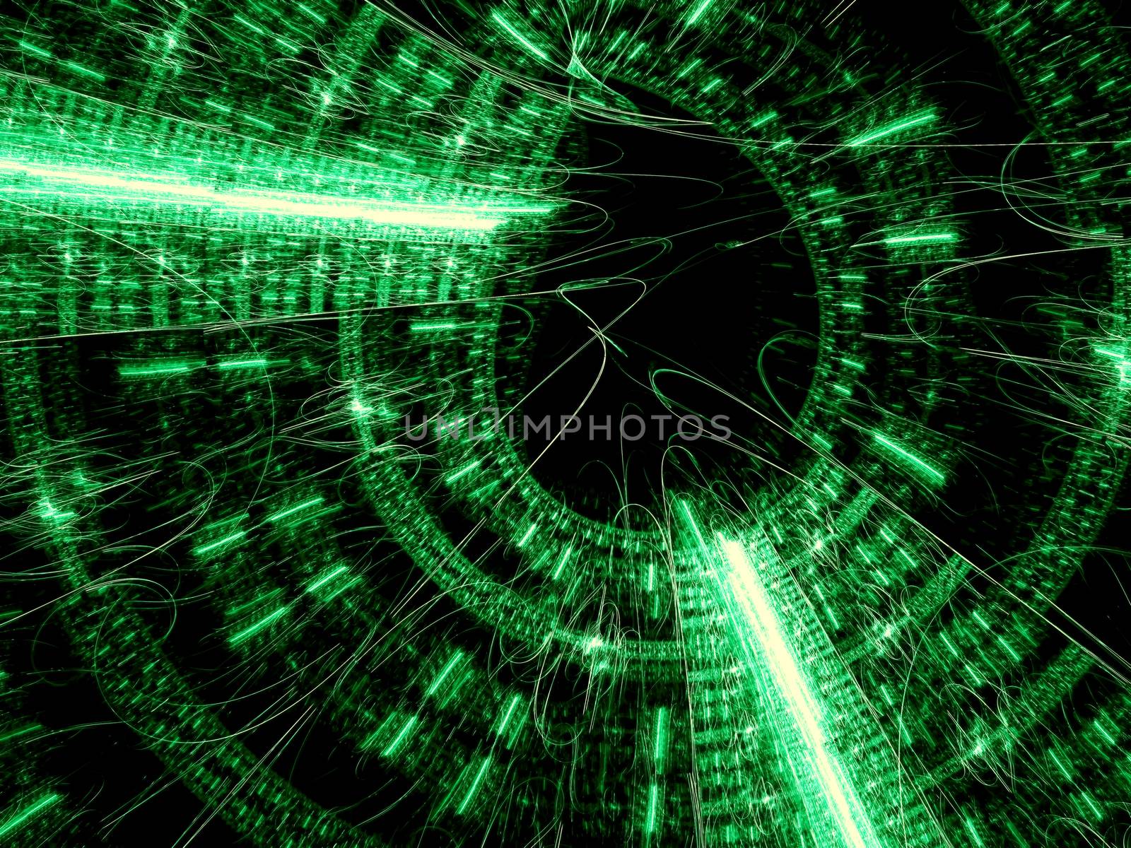 Technology portal - abstract computer-generated image. Fractal geometry: round structure with chaos lines and curves. For covers, web design, posters.