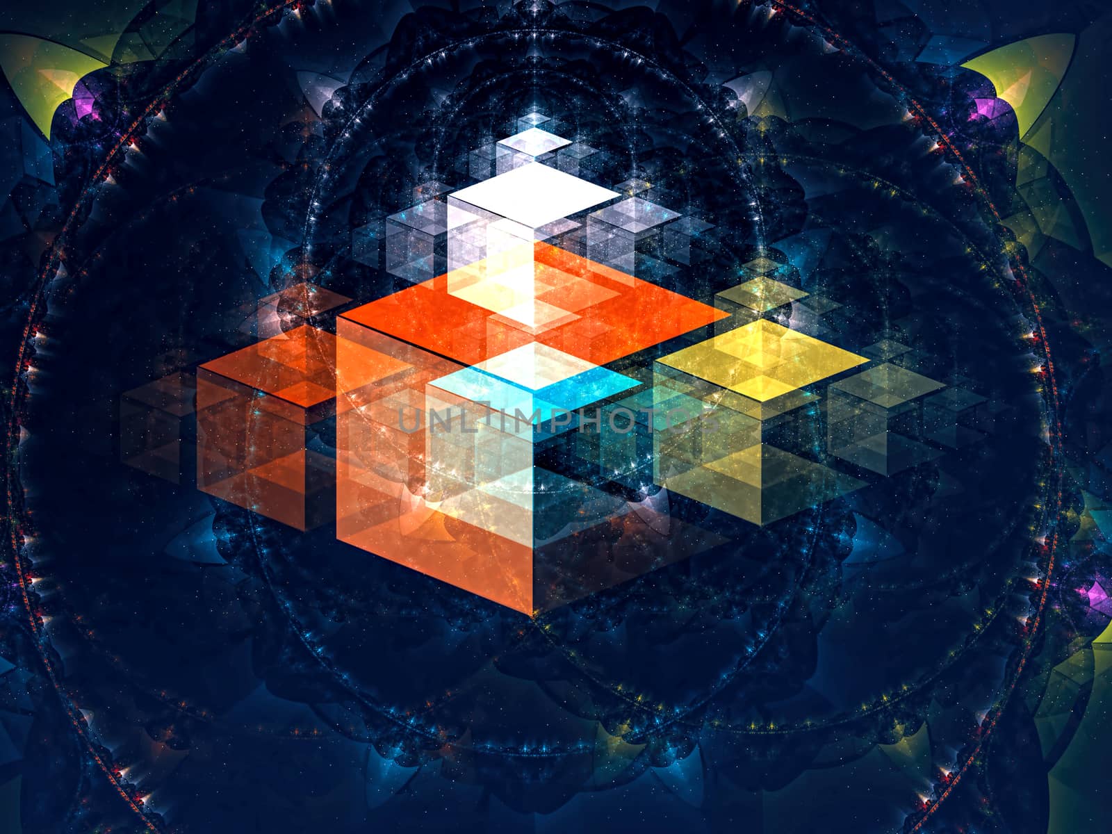 Mystery background - abstract computer-generated image. Fractal art: colourful magic cubes on a dark textured background. For covers, posters, banners.