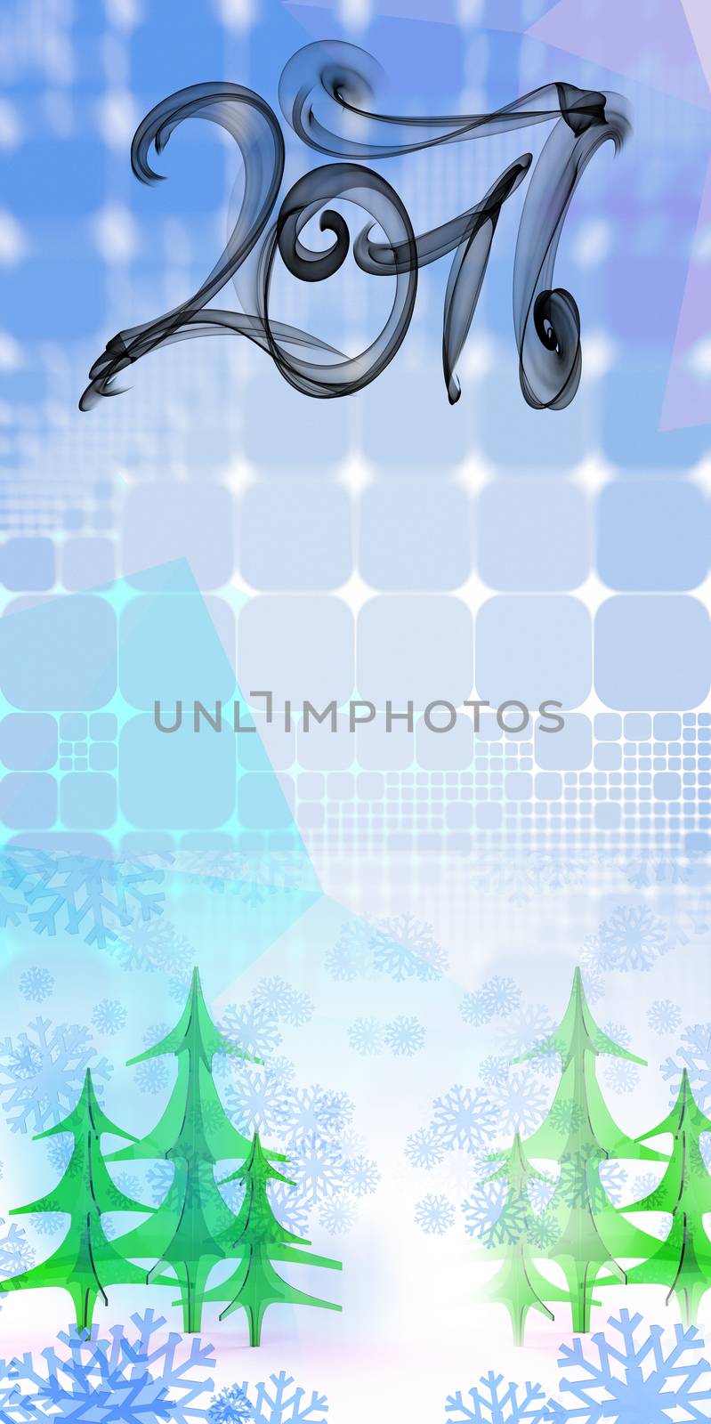 2017 numbers written with black smoke or flame on geometric square abstract background with christmas tree.