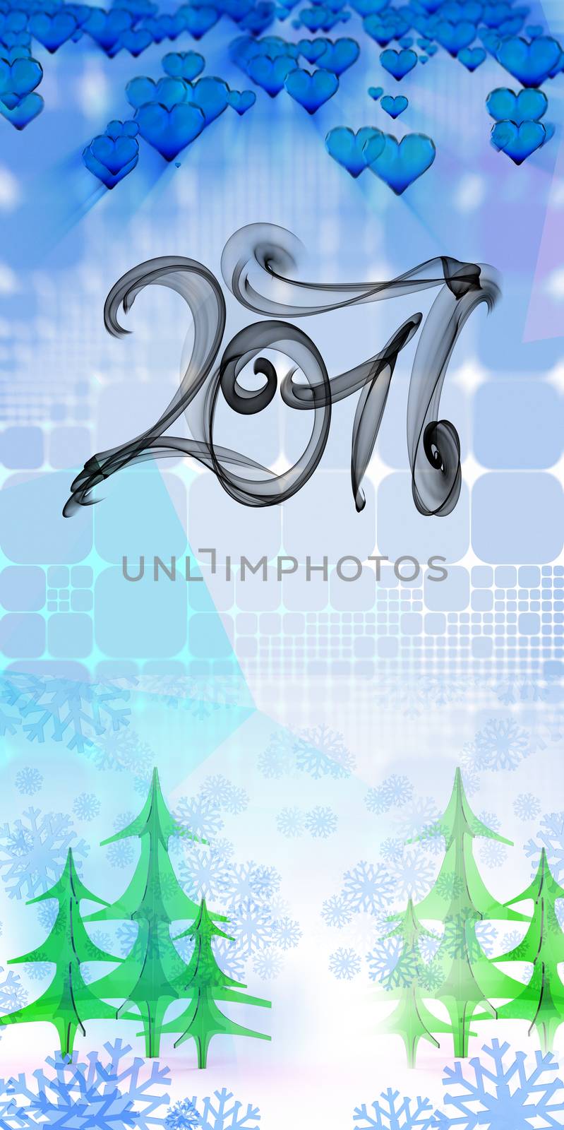 2017 numbers written with black smoke or flame on geometric square abstract background with christmas tree. 3d illustration by skrotov