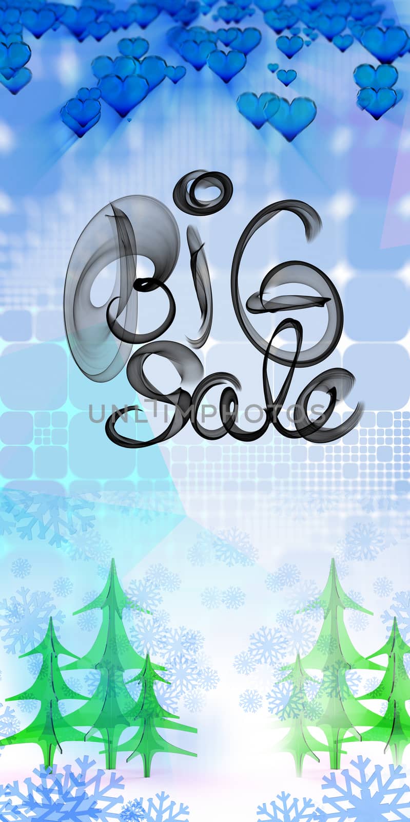 Big sale lettering written with black smoke or flame on geometric square abstract background with christmas tree and snowflake. 3d illustration.