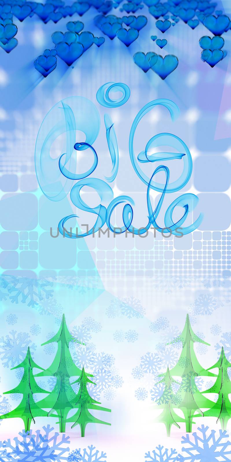 Big sale lettering written with blue smoke or flame on geometric square abstract background with christmas tree and snowflake. 3d illustration by skrotov