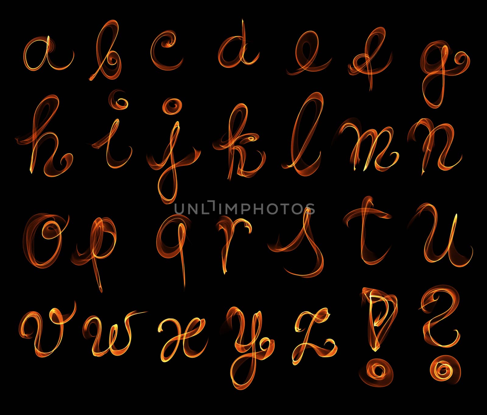 The fire english alphabet set on black background.
