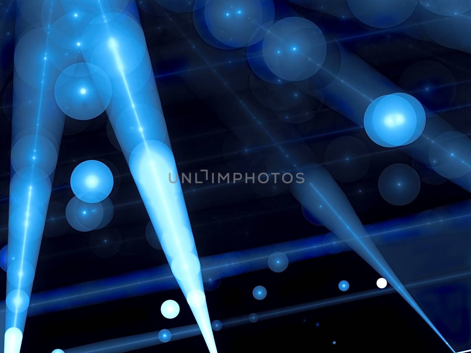 Bubbles blur - abstract computer-generated image. Fractal geometry: chaos bright rays and spheres on a dark background. For covers, web design, banners.