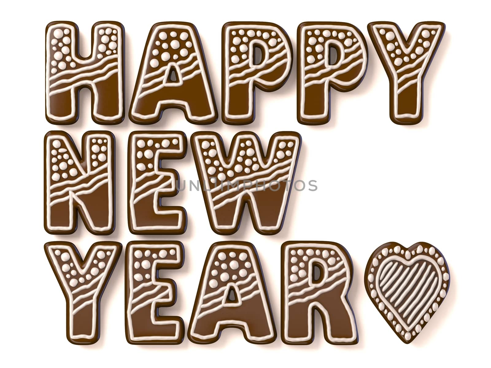 Happy new year gingerbread sign. 3D render illustration isolated on white background