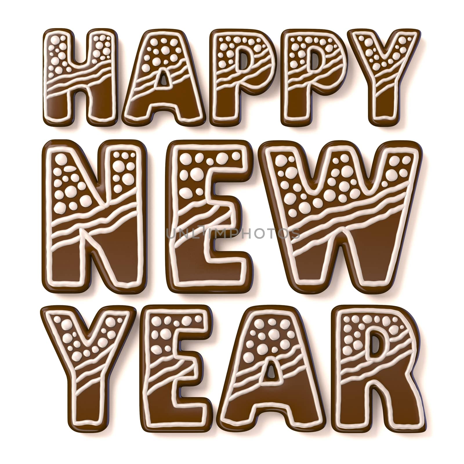 Happy new year gingerbread sign. 3D render illustration isolated on white background