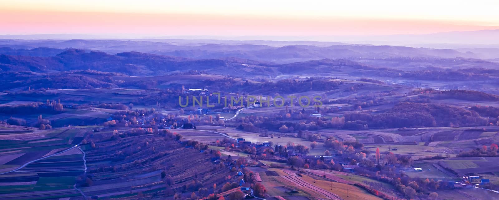 Evening view of villages and landscape, Prigorje region of Croatia