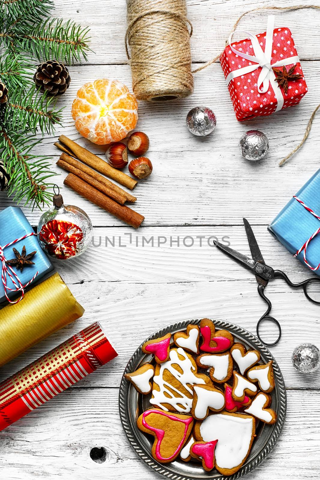 Christmas time, home cookies and xmas spices with gift boxes