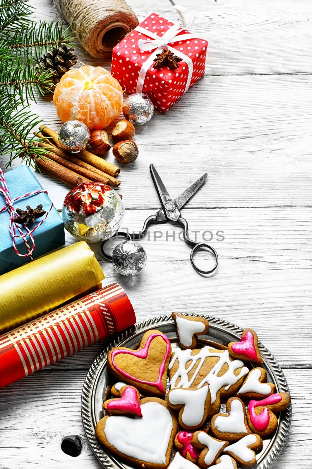 Christmas time, home cookies and xmas spices with gift boxes