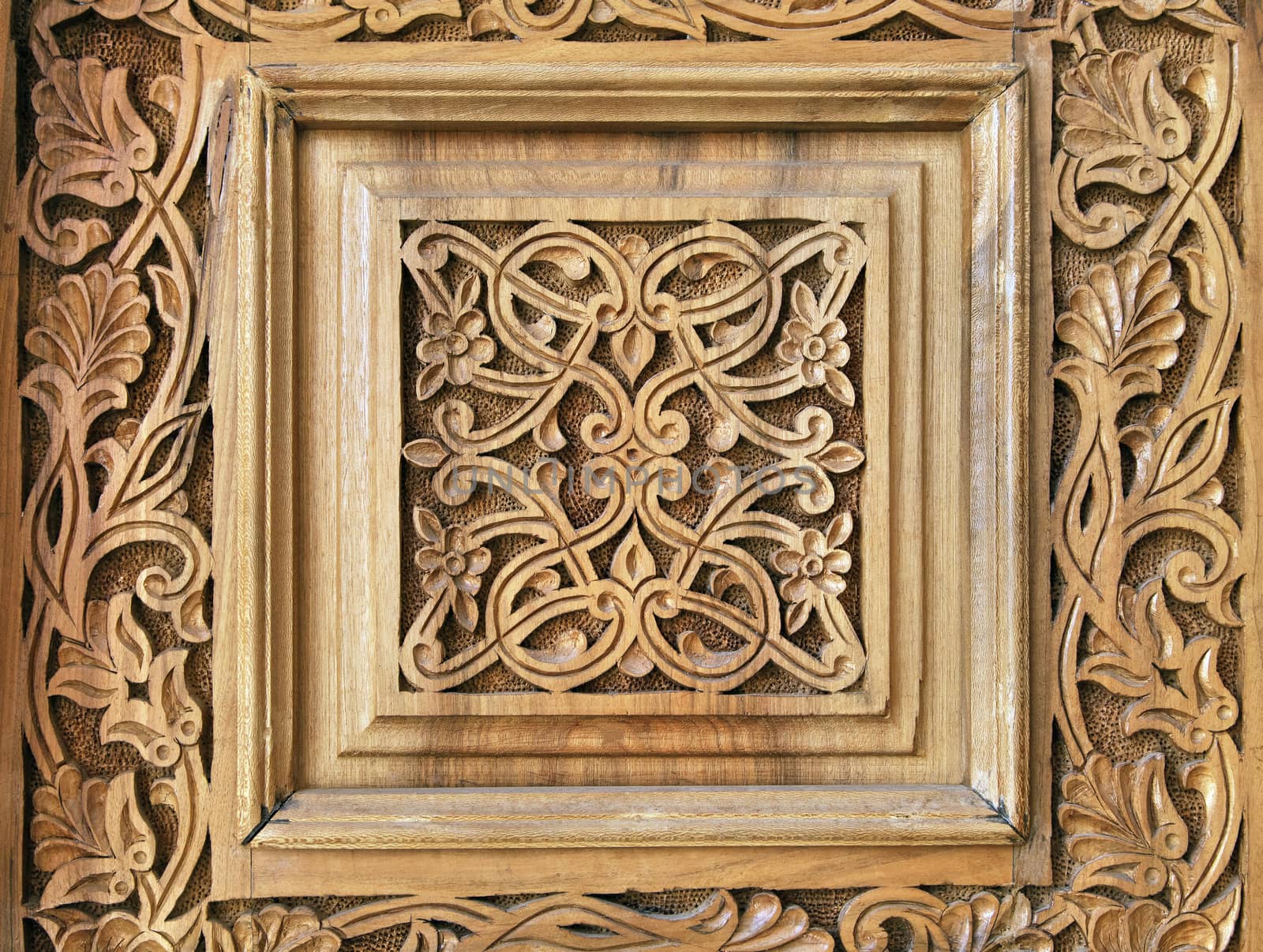 Close-up of a traditional carved wooden door, Uzbekistan