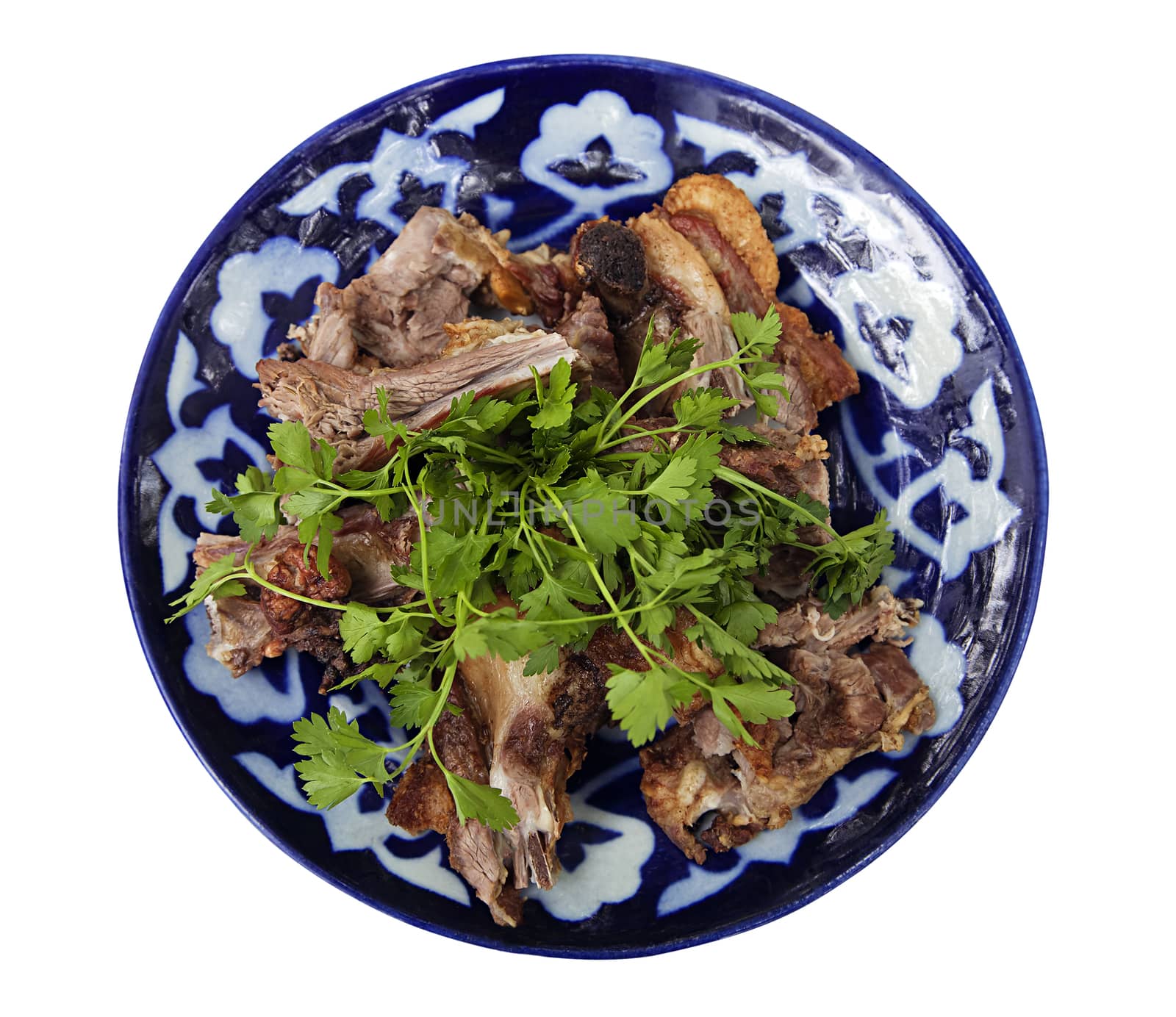 Traditional Uzbek grilled lamb meat with herbs, isolated over white
