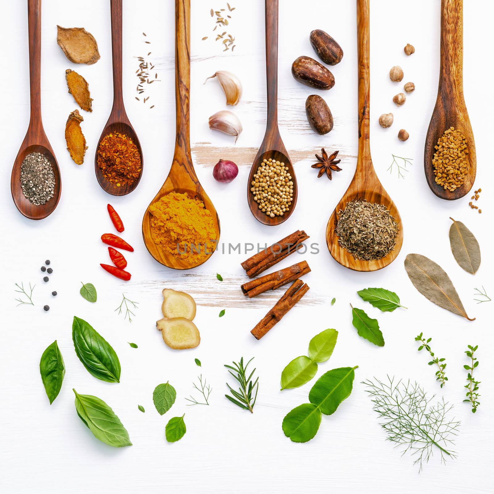 Various herbs and spices in wooden spoons. Flat lay of spices in by kerdkanno