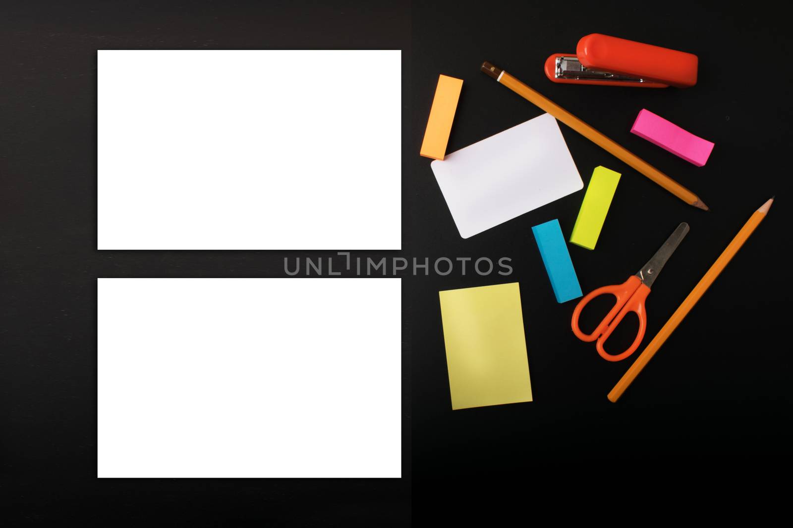 Mock ups on the black background. Templates blank with stationery. View top. Flat lay