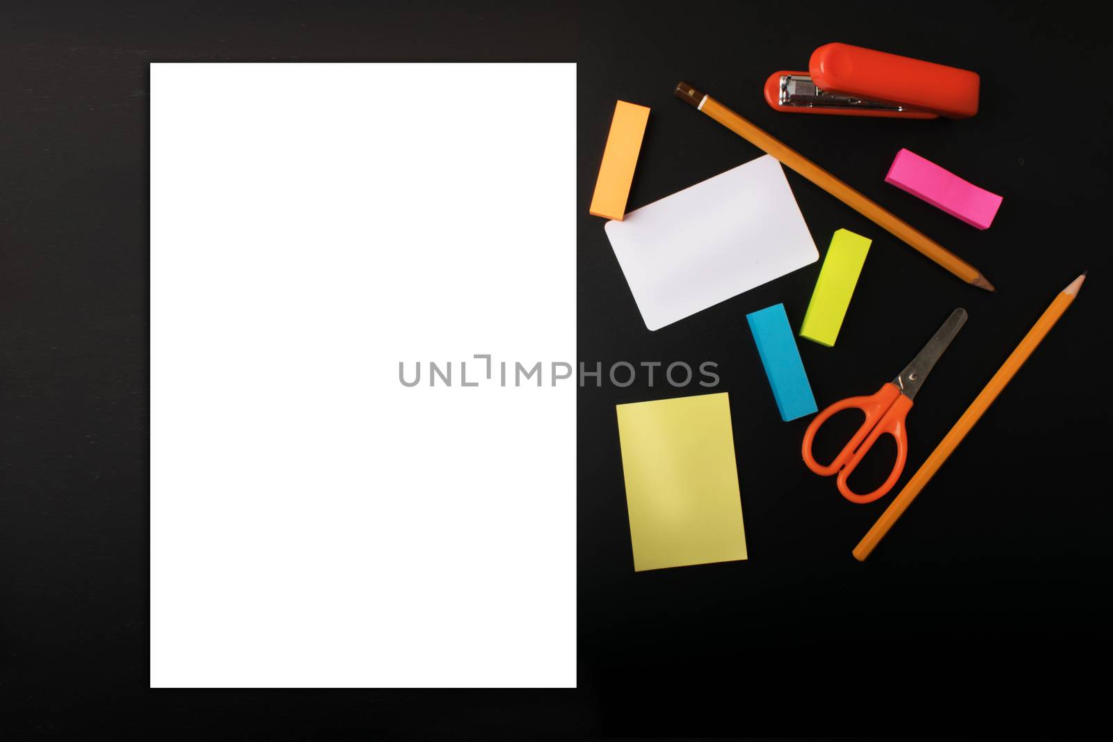 Mock ups on the black background. Templates blank with stationery. View top. Flat lay