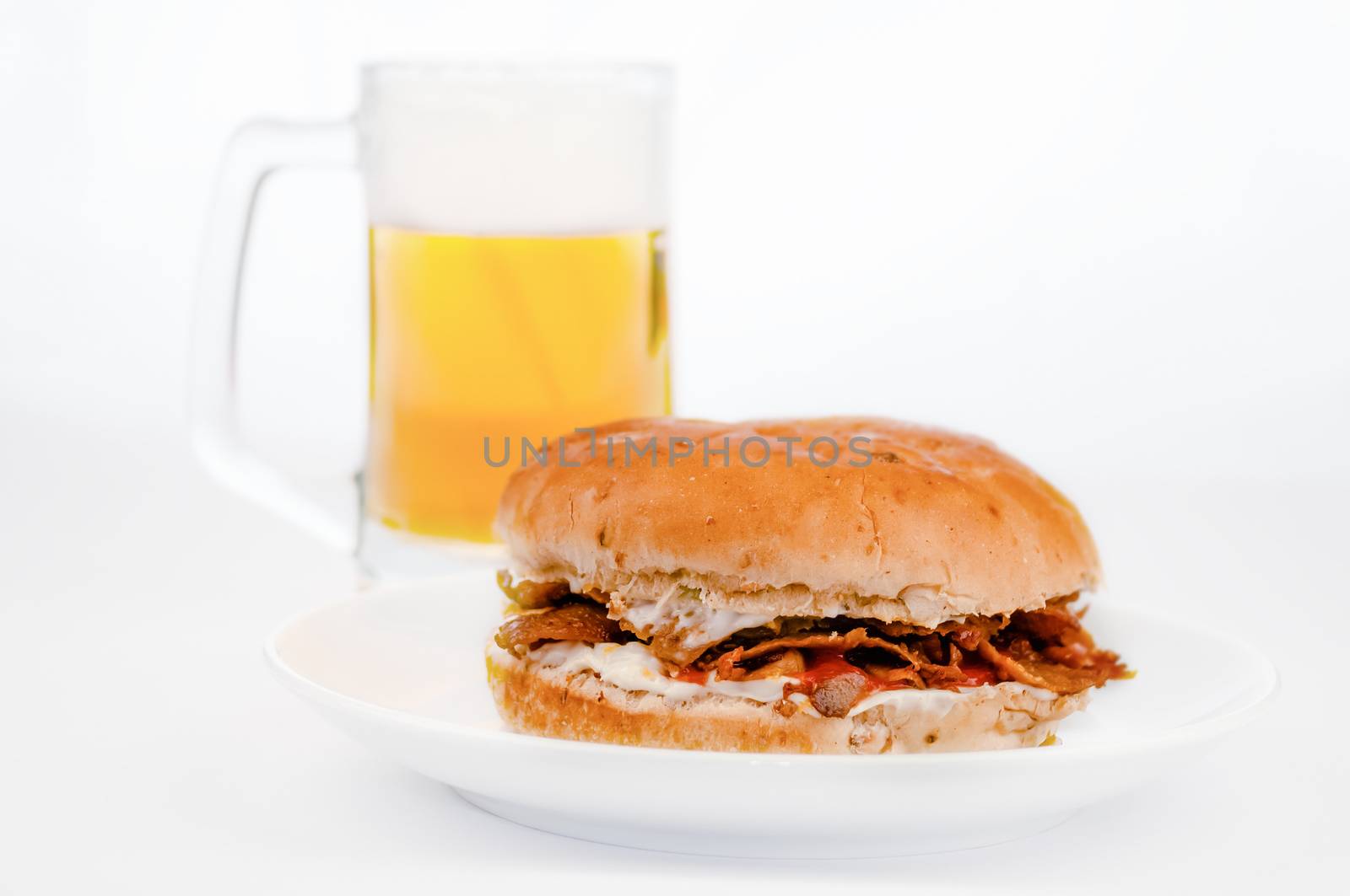 Doner Kebab burger with cold beer white background