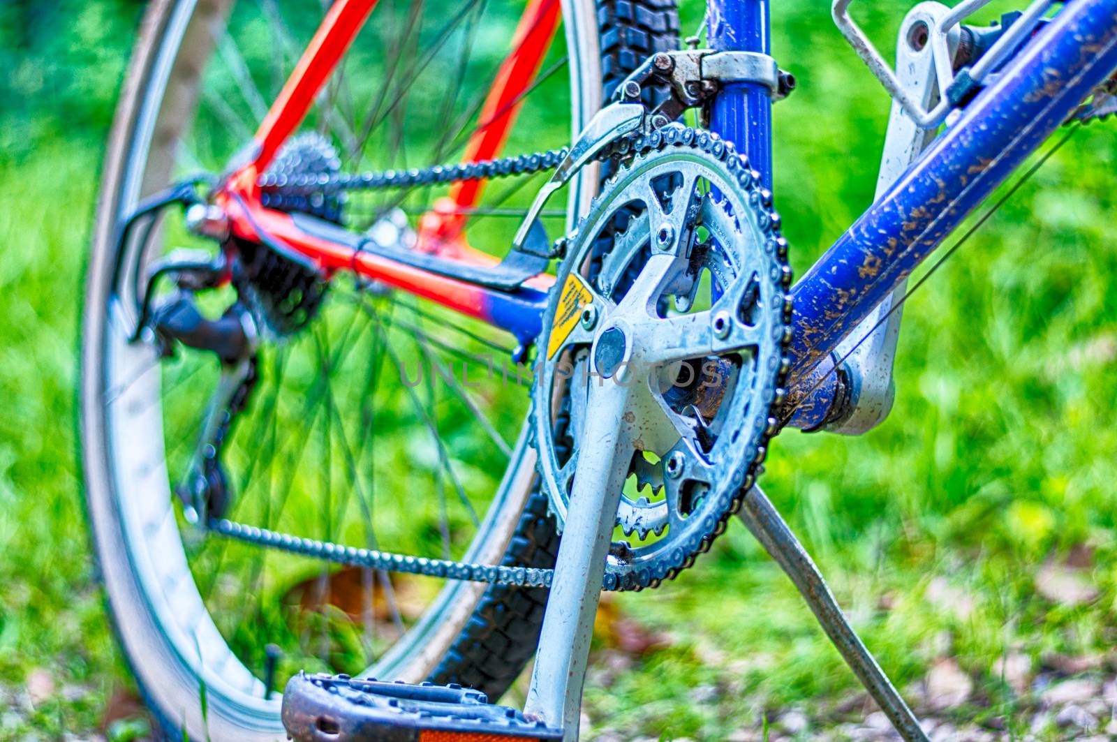 Closeup of mountain bike in the middle of country