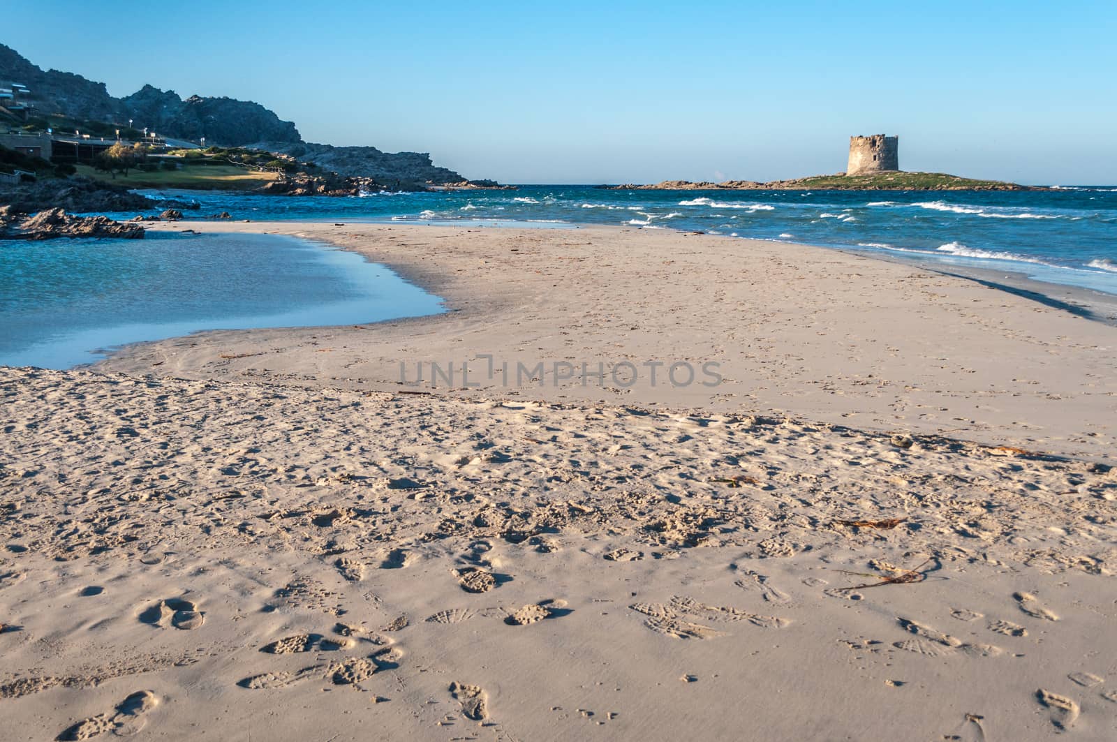 Stintino beach la pelosa in a sunny windy day of winter, sardinia