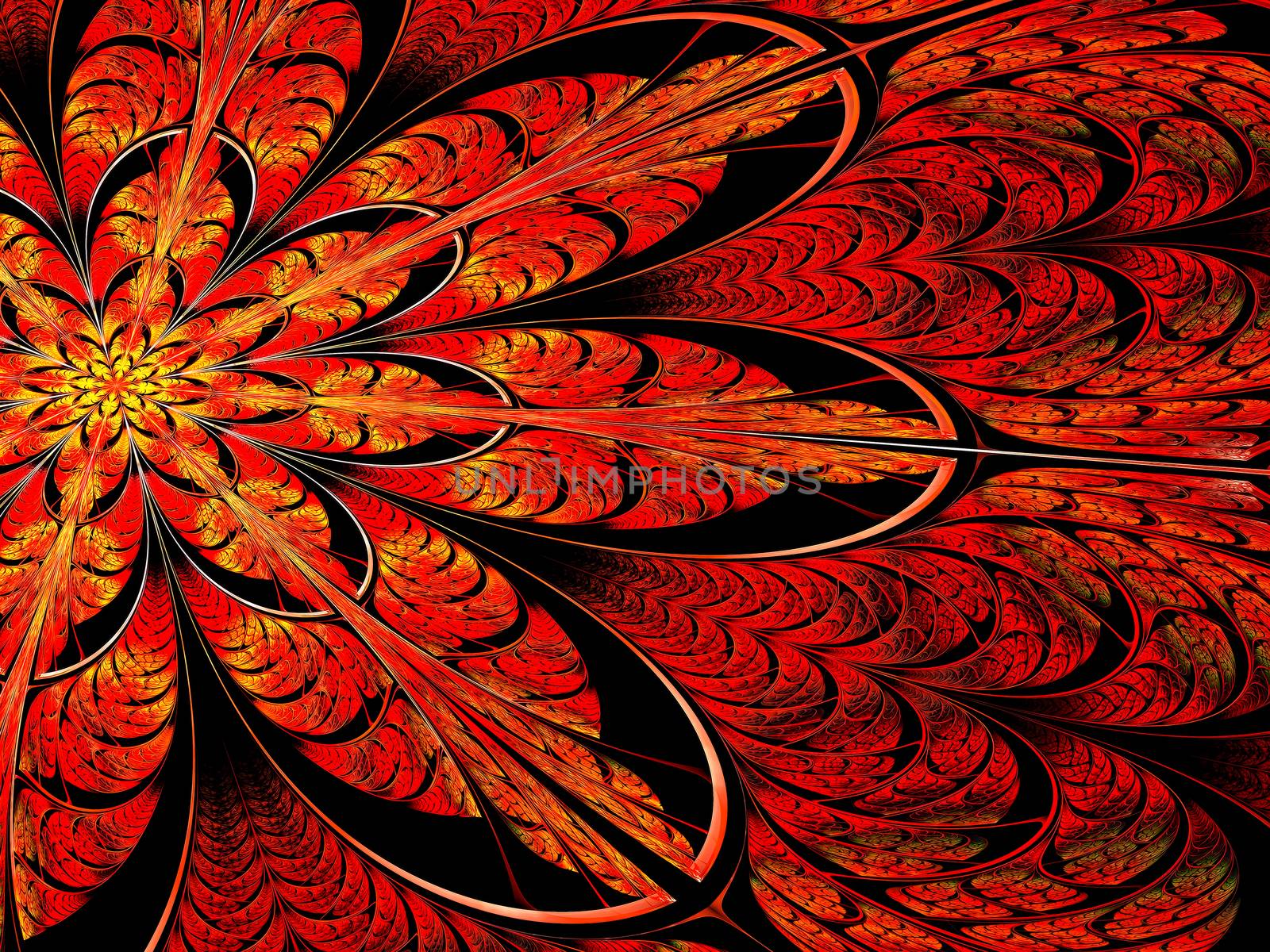 Fractal flower - abstract computer-generated image. Digital art: ornate red and yellow petals like mosaic or stained-glass. For cards, banners, puzzles.
