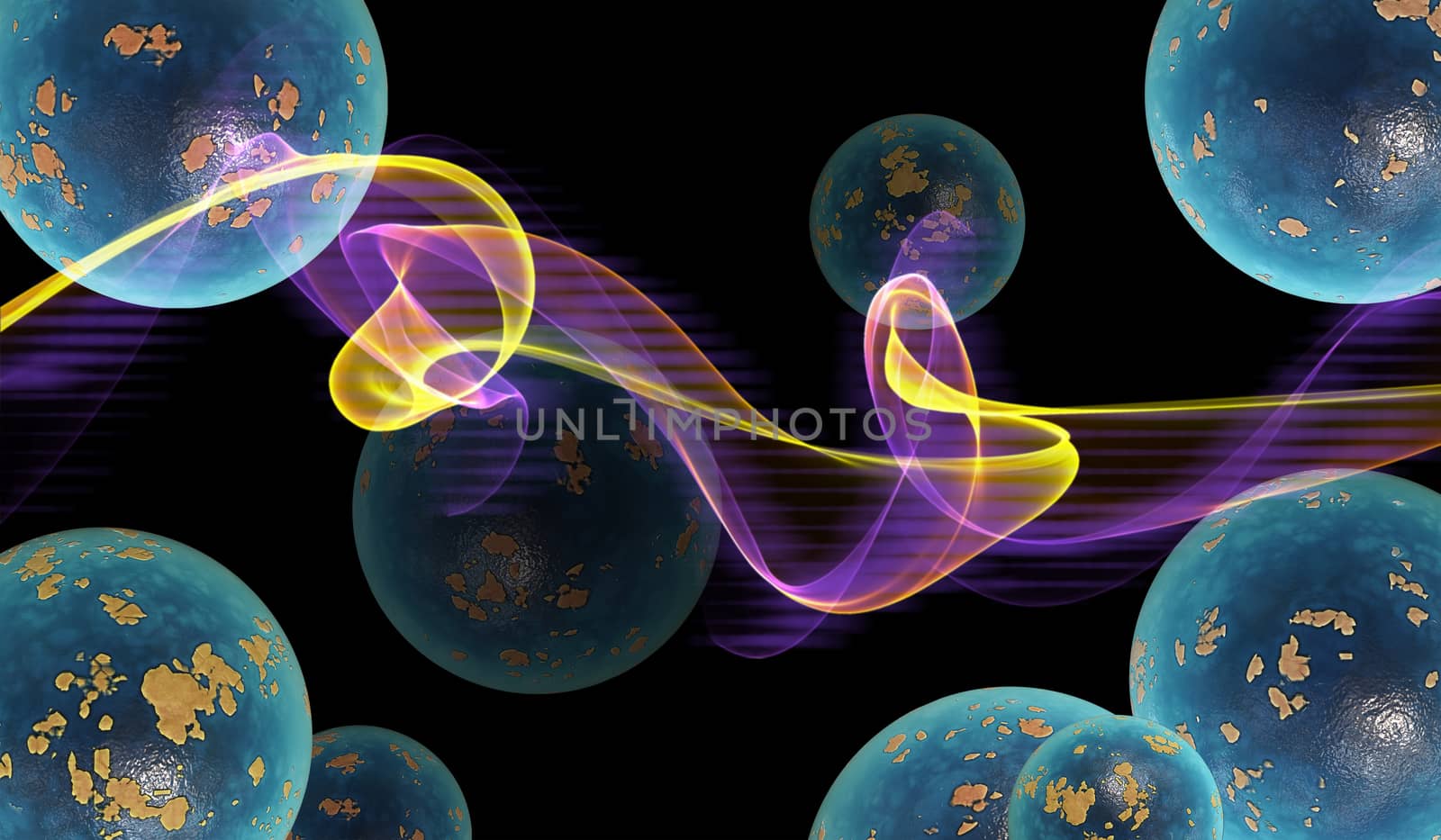 abstract colorful wavy smoke flame over black background full of planets by skrotov