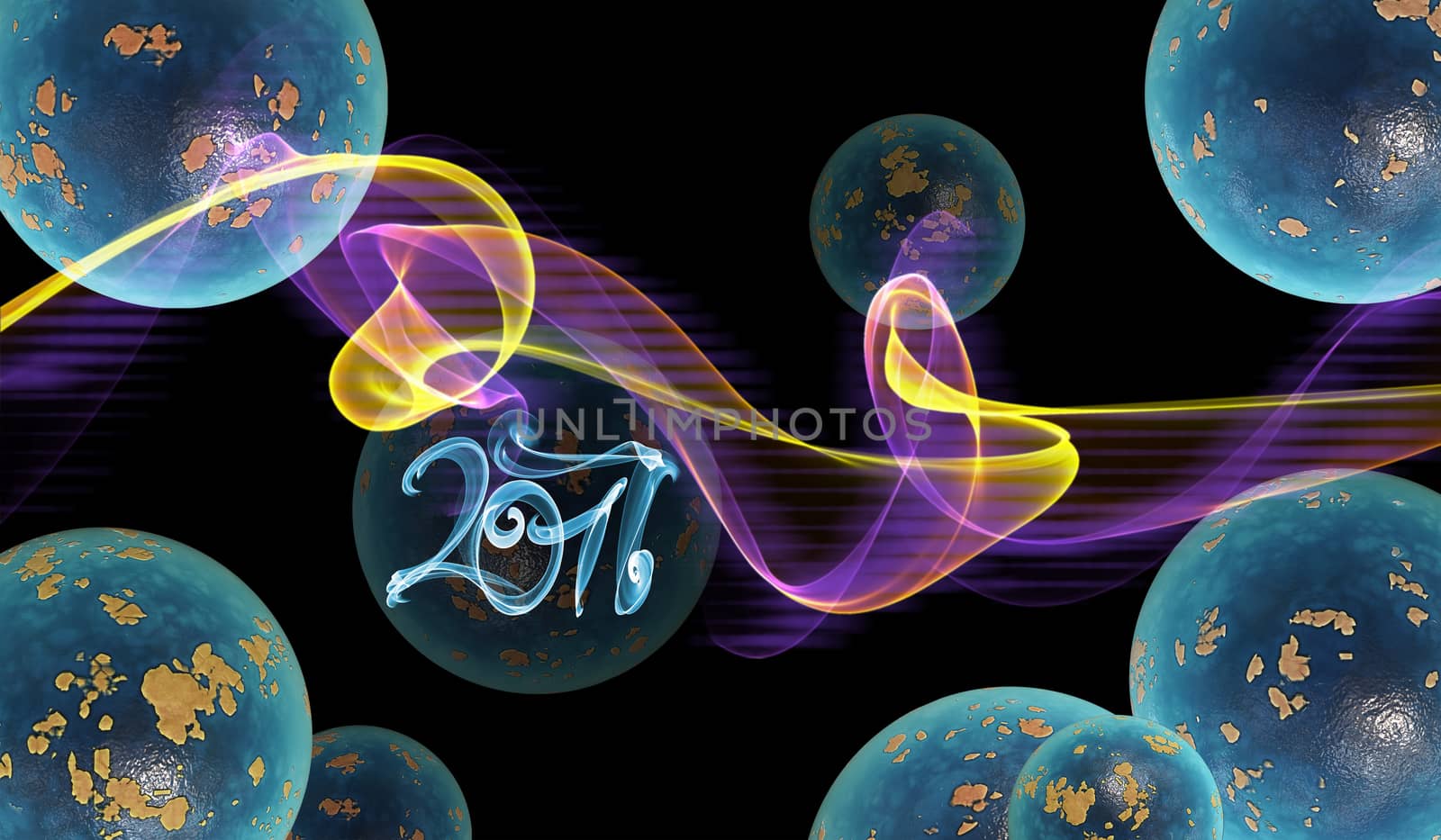 abstract colorful wavy smoke flame over black background full of planets and 2017 lettering written by blue smoke.