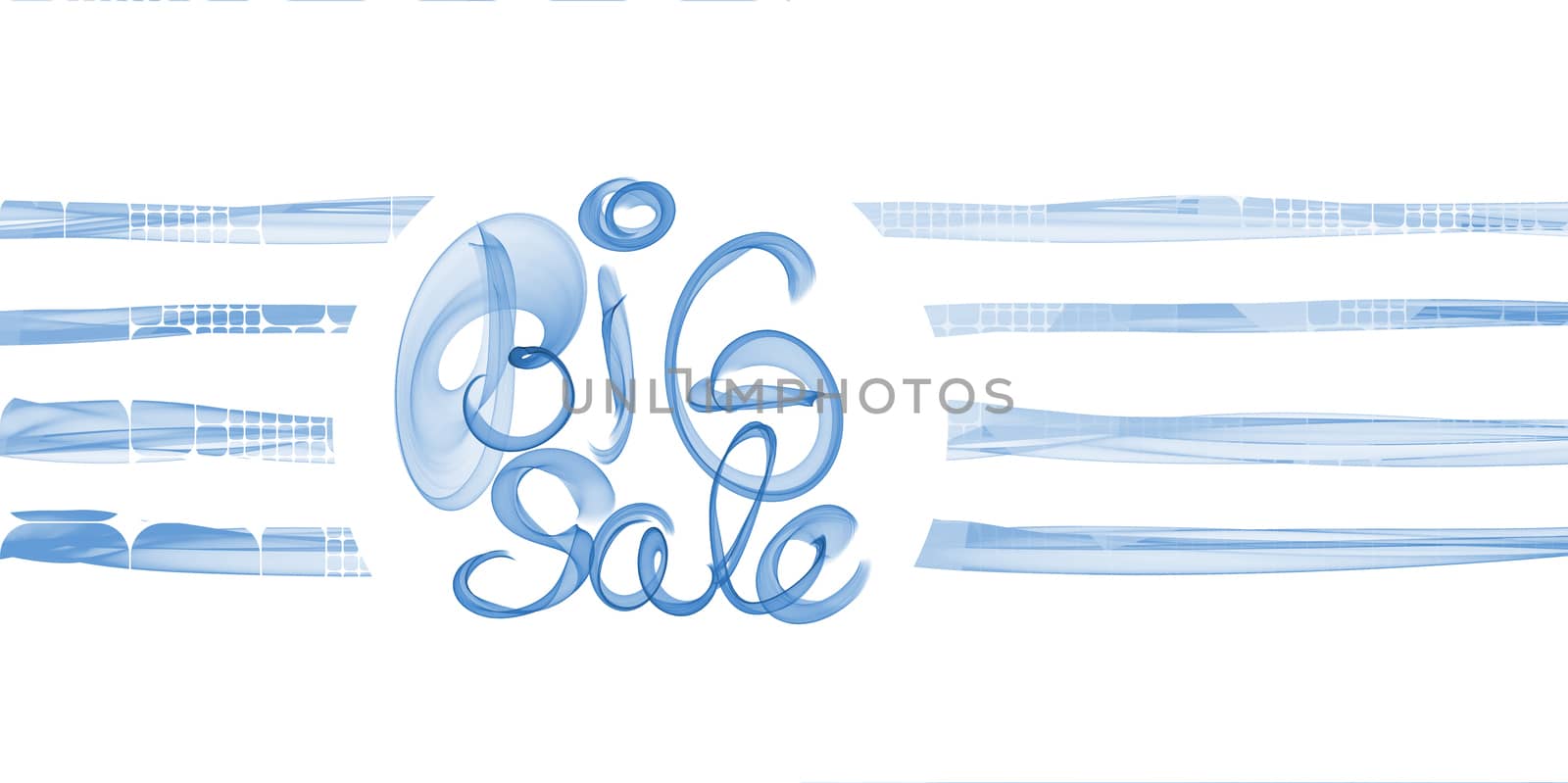 Big sale lettering written with blue smoke or flame on white striped abstract background.