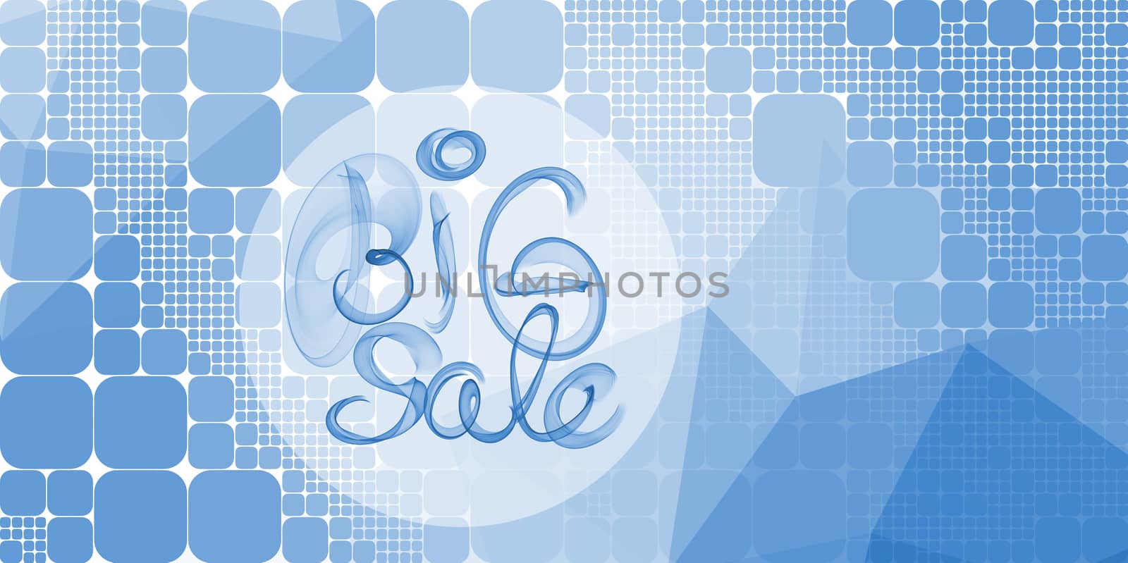 Big sale banner lettering written with blue smoke or flame on geometric square and round abstract background by skrotov