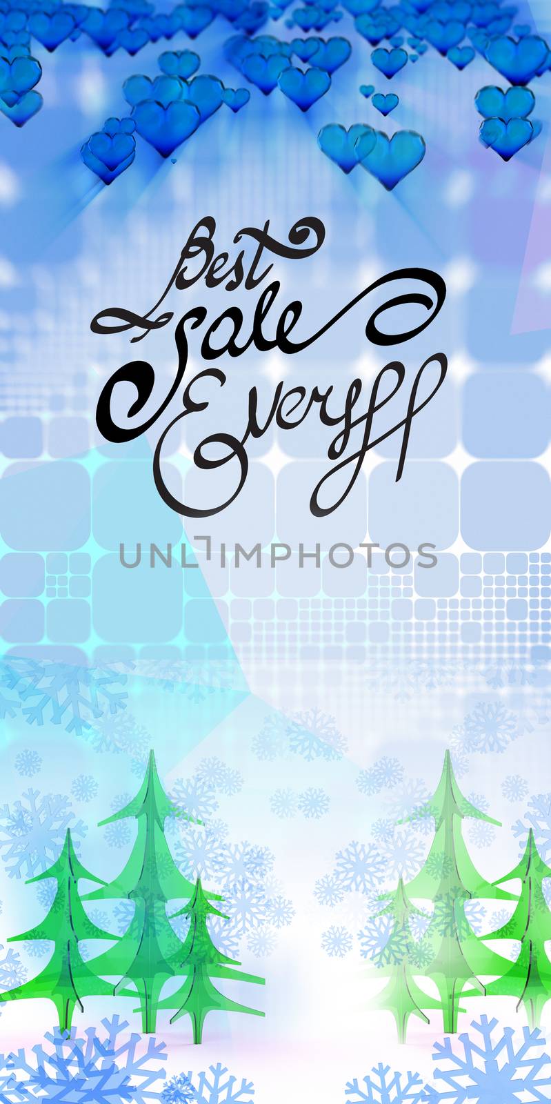 Best Sale Ever letering on geometric square abstract background with christmas tree hearts and snowflakes. 3d illustration.