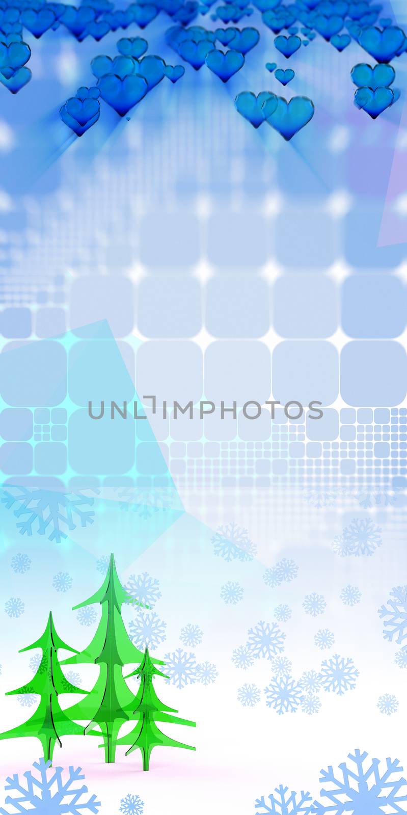 geometric square abstract background with christmas tree hearts and snowflakes. 3d illustration.