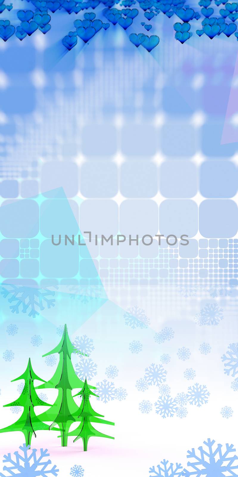 geometric square abstract background with christmas tree hearts and snowflakes. 3d illustration.