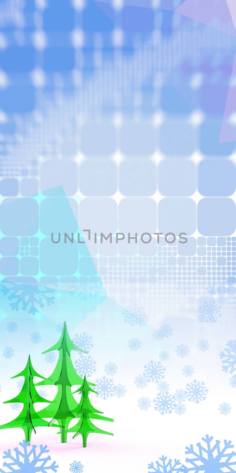 geometric square abstract background with christmas tree and snowflake. 3d illustration.