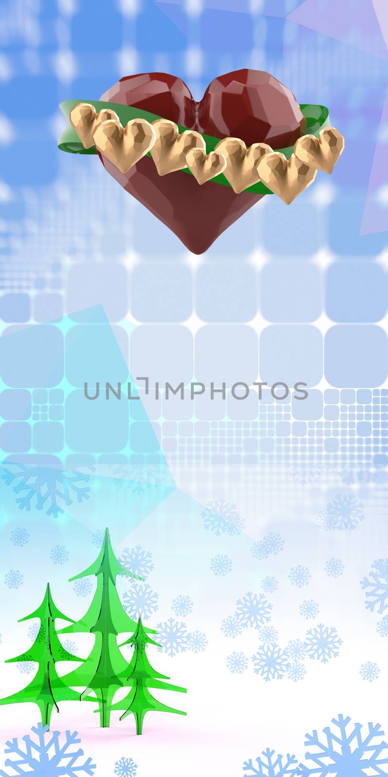 Happy Valentine day Flying red chopped heart with green ribbon and gold hearts. On blue abstract square polygonal background with christmas trees and snowflakes. 3d illustration.