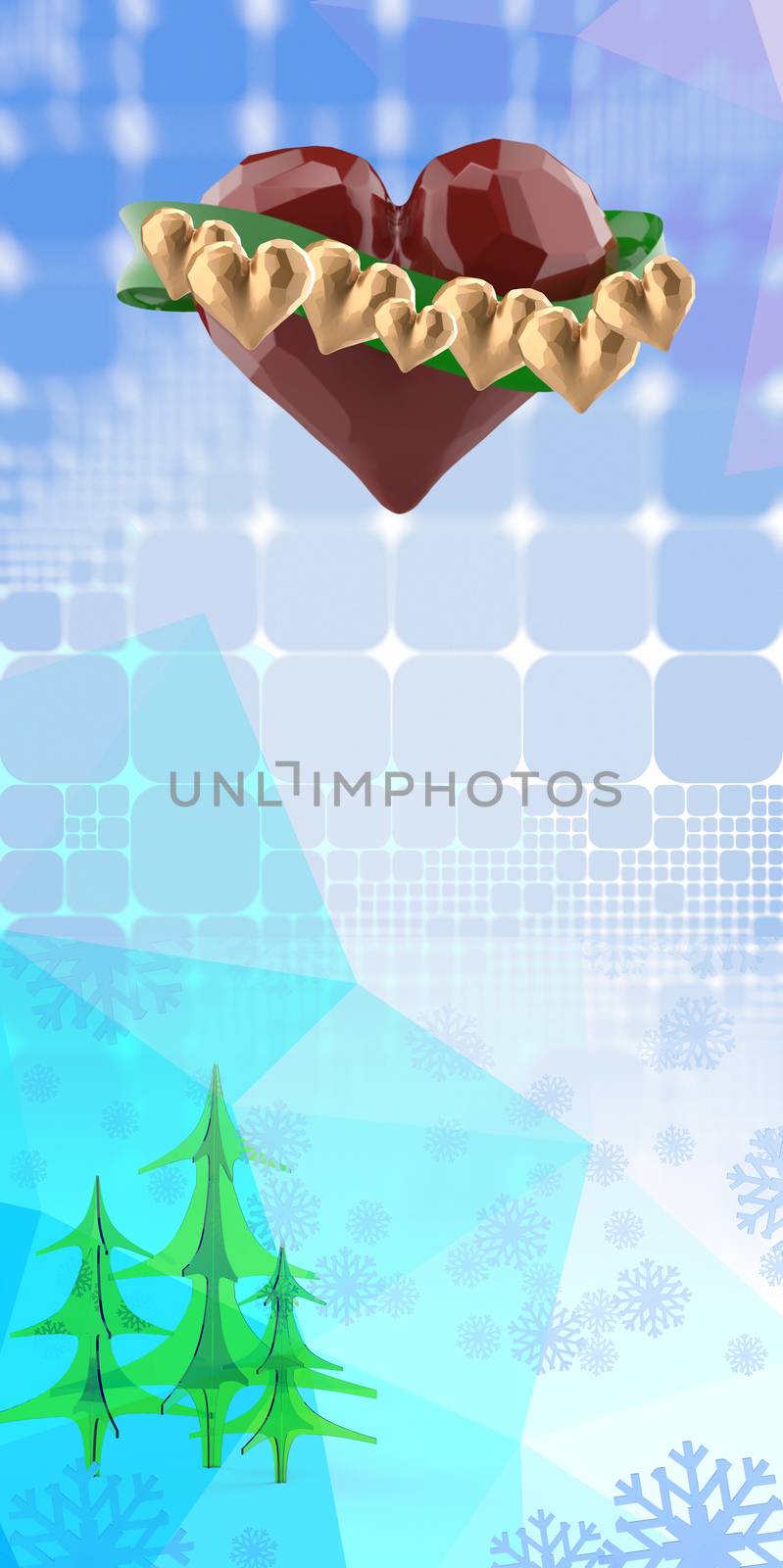 Happy Valentine day Flying red chopped heart with green ribbon and gold hearts. On blue abstract square polygonal background with christmas trees and snowflakes. 3d illustration by skrotov