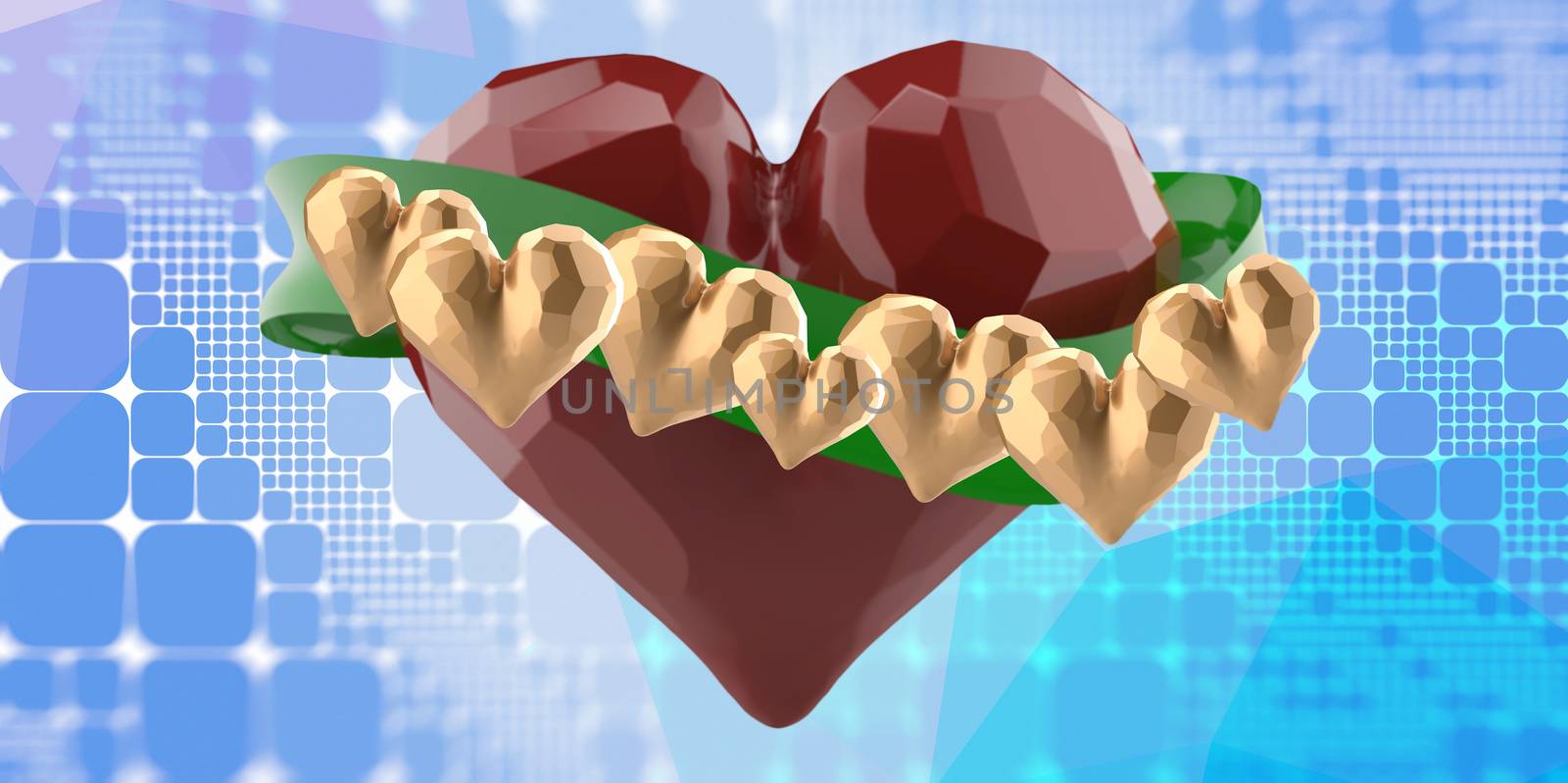 Happy Valentine day Flying red chopped heart with green ribbon and gold hearts. On blue abstract square polygonal background. 3d illustration.