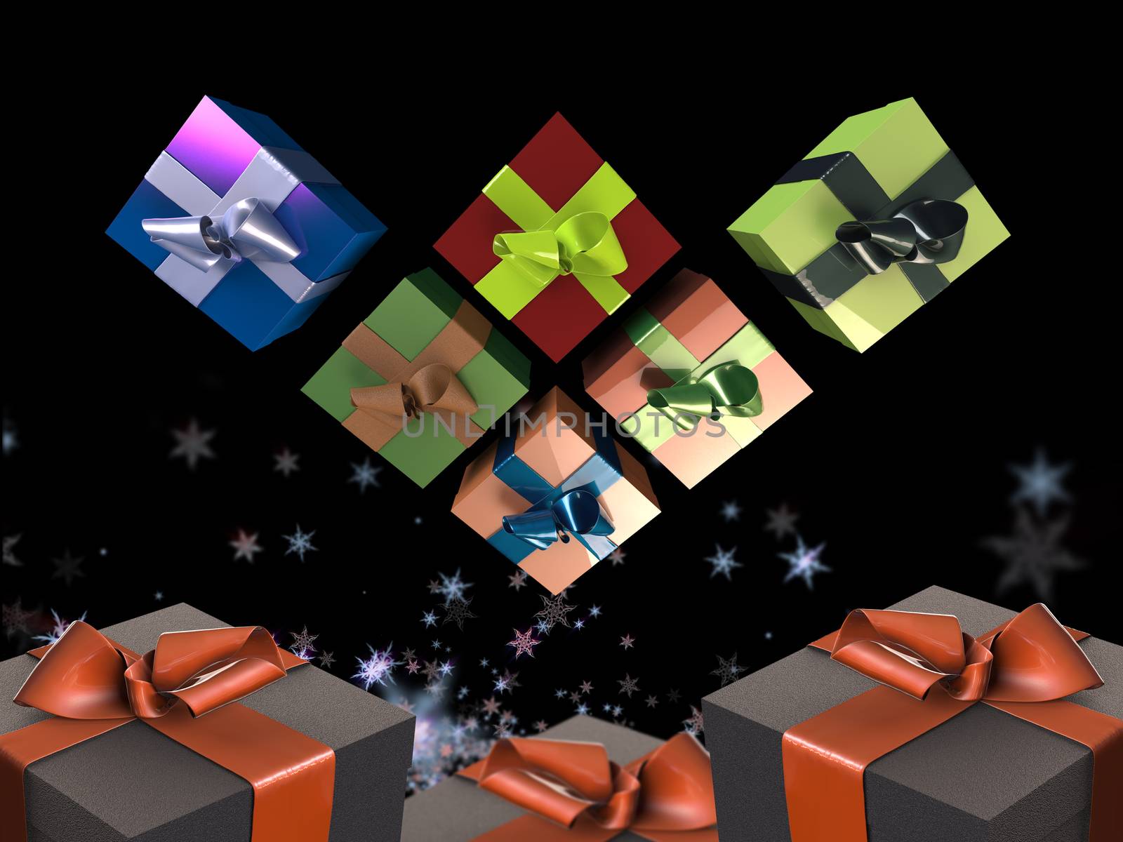 Colorful and striped boxes with gifts tied bows on black background. Happy new year 3d illustration.