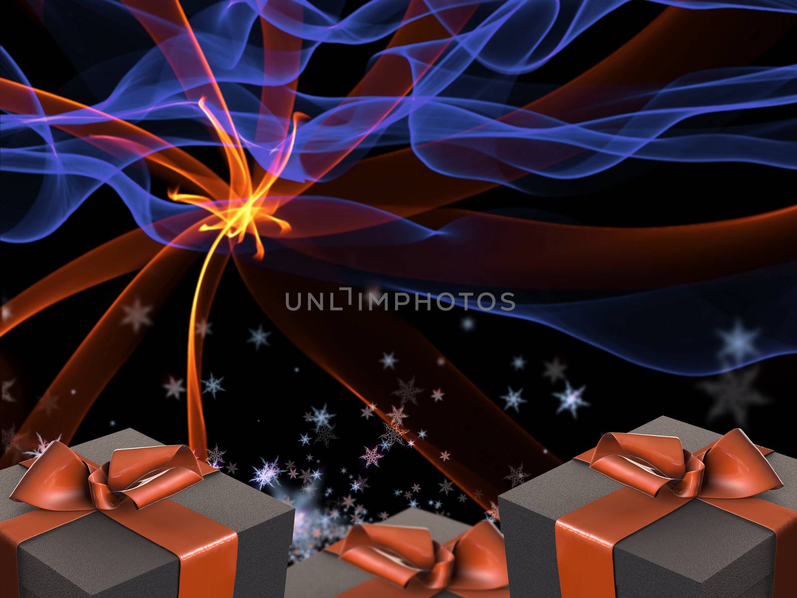 Colorful and striped boxes with gifts tied bows on dark abstract space background. Happy new year 3d illustration by skrotov